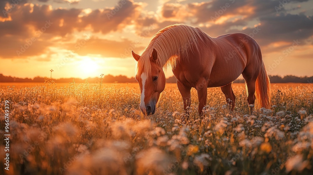 Poster Golden Horse in a Meadow Sunset