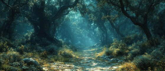 Obraz premium A Stone Path Leading Through a Dark and Mystical Forest