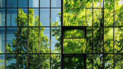 Green building reflection of trees in glass window