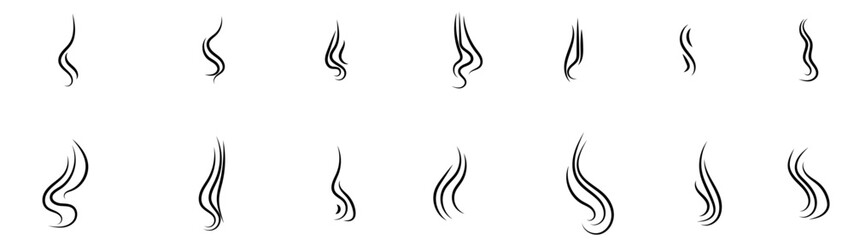 Smoke steam icon vector logo set. Smells line hot air icon set. steam aroma heat icon illustration. Hot vapor fire doodle line logo. Hit stink, coffee, fragrance flame elements. Vector illustration