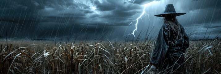 Sinister scarecrow in a field amidst dark, stormy clouds with flashes of lightning and rainfall