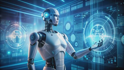 Artificial intelligence technology concept with futuristic robot and virtual interface