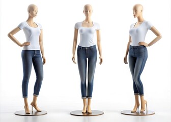 Fototapeta premium A blank, poseable, and customizable female mannequin stands on a white background, ready for designers to add their own clothing, accessories, and styling templates.
