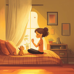 A girl meditates in the bedroom with a little kitten 