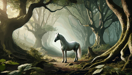 Powerful horses and mystical white horses. Vector illustration.