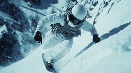 Snowboarder in Tactical Gear Descending Steep Mountain Slope

