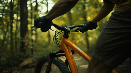 Fototapeta premium Mountain Biker Riding Through Forest on a Sunny Day 