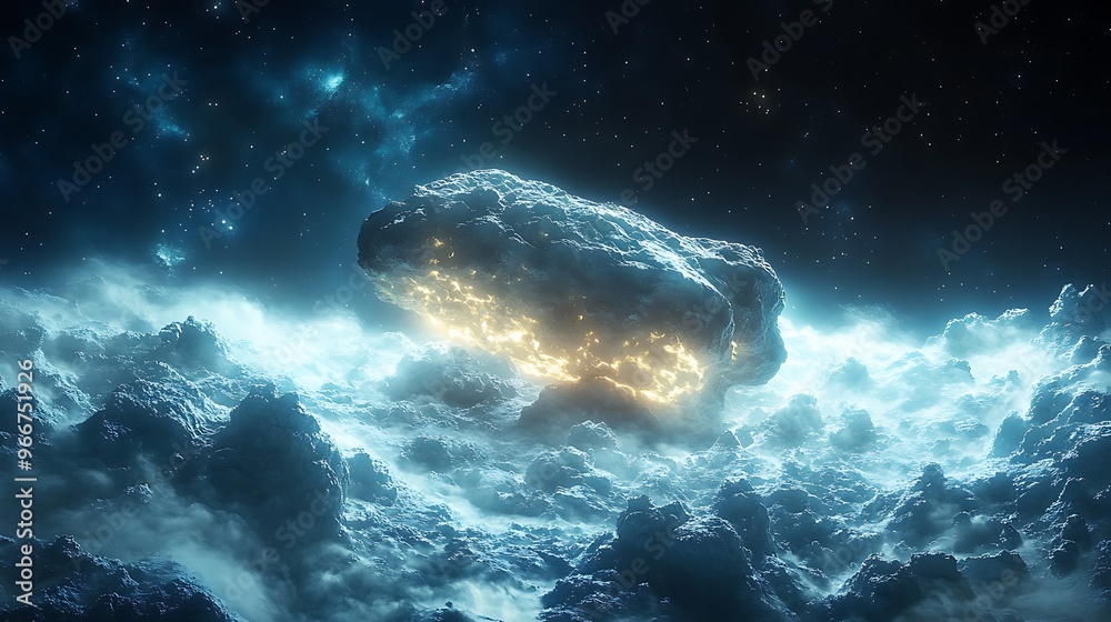 Wall mural a glowing asteroid floats above a field of clouds in a starry sky.