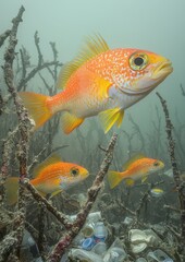 Fototapeta premium Stunning underwater image featuring three orange fish swimming among coral reef with visible ocean pollution and plastic waste
