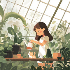 a girl watering plants in the glasshouse feeling happy