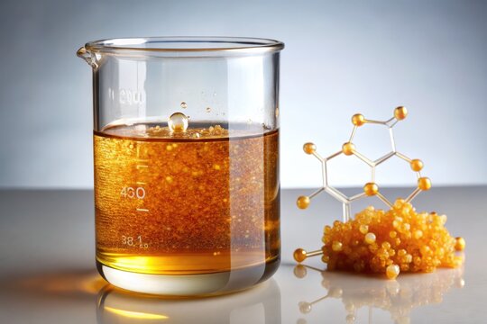 A clear glass beaker contains a viscous, amber-colored liquid, also known as arabinose, a sugar molecule with a molecular formula of C5H10O5.