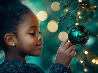 Fototapeta premium A young girl hanging a Christmas bauble on the tree. Festive and colorful blurred background. 