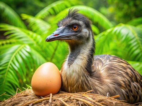 A close-up of a large, soft-feathered emu incubating a single large brown egg in a natural outdoor setting with lush green vegetation surrounds.