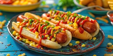 Tasty small hot dogs paired with thinly sliced potatoes, sweet corn, and tomato sauce on a colorful table.