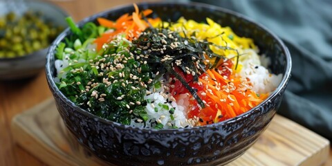 Vegan furikake spice blend and shredded seaweed garnished over rice