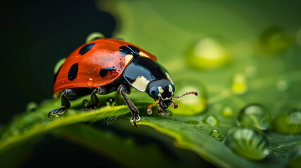 Fototapeta premium Spotted ladybug crawls on dewy green leaf