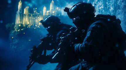 Tactical Divers Observing Underwater City from Distance
