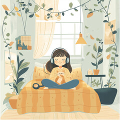 a girl listening to music in the bedroom feeling peaceful