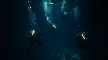 Divers Descending into Dark Abyss of the Ocean
