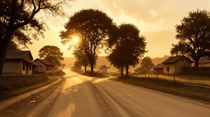 generative ai, Open Road through Countryside at Sunrise in Sepia Tone