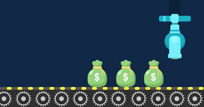 Money Bag Animation Flowing Out Faucet. Concepts of business, investment, and passive income in 4K
