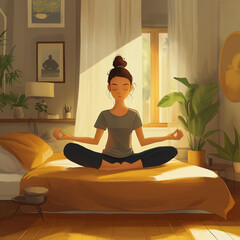 A girl meditates in the bedroom