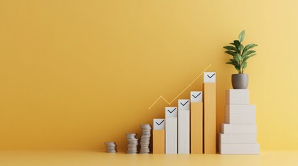 Obraz premium A vibrant image depicting financial growth, featuring stacked bars, coins, and a thriving plant against a cheerful yellow backdrop.