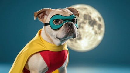 A brave dog dressed as a superhero, wearing a cape and mask, poses confidently against a full moon backdrop.