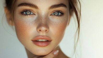 A woman with green eyes and a light brown complexion