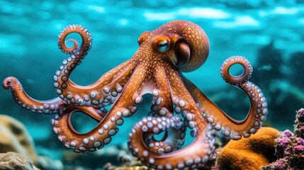 Obraz premium Close-up of an Octopus with Tentacles Extended in a Coral Reef