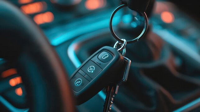 A close-up of a car key fob, hanging from a key ring in the interior of a car, with the dashboard in the background.