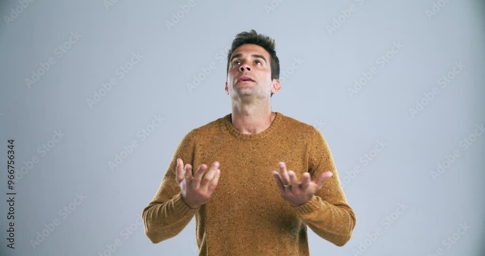 Poster face, thinking and man with stress, depression and anxiety on a grey studio background. portrait, pe