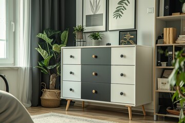 Black and White Chest of Drawers with Light Wood Legs, Four Large Drawers, Office Bookcase, Plants, Books, and Framed Pictures in Modern Home Decor