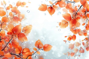 Orange leaves and water droplets on a white background.