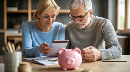 Senior couple setting financial goals together or reviewing their savings plan with a piggy bank and coins after retirement, saving concept.