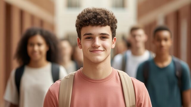 Student attending a campus tour with a group of freshmen, learning about key buildings and resources, college campus tour, orientation experience