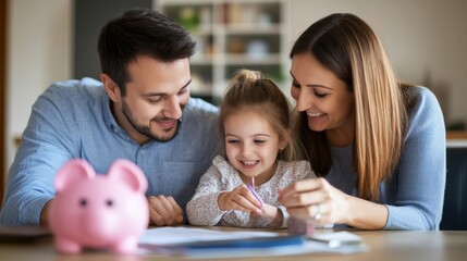 Fototapeta premium Family discussing future education savings for children at home. saving concept.