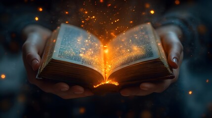 Obraz premium Hands Holding an Open Book Emitting Mystical Rays of Light and Energy