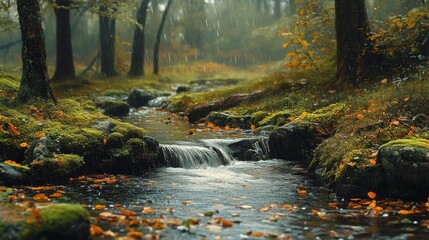 Fototapeta premium A Serene Forest Stream Under a Rain Shower