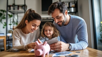 Obraz premium Happy family planning their emergency fund savings together at home, saving concept.