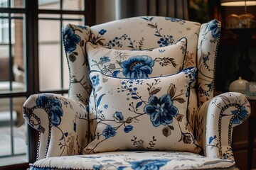 Elegant Floral Armchair with Blue and Brown Accents, Flower Print on Beige Fabric