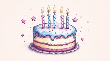 Artistic Sketch of a Whimsical Birthday Cake with Candles in Soft Pastel Colors
