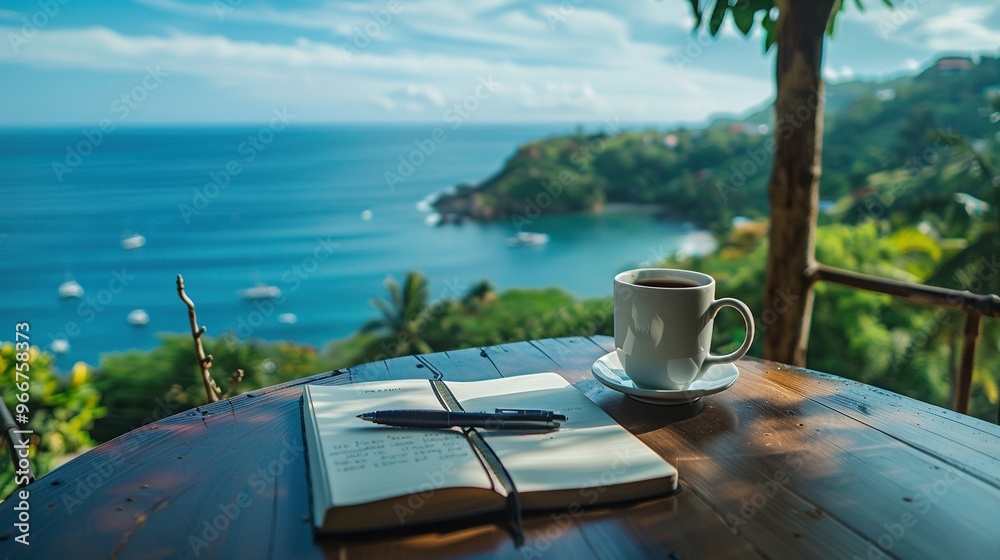 Wall mural scenic vacation spot: an open travel journal with a pen and a cup of coffee on a table