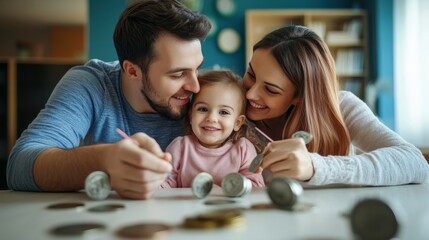 Naklejka premium Family saving money together at home, planning future, saving concept.