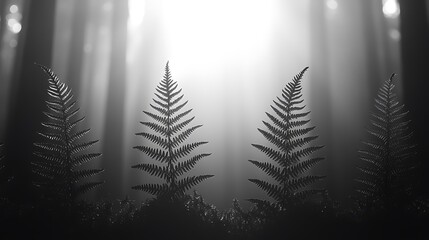 Fototapeta premium Three fern fronds stand in a misty forest with the sun shining through the trees.