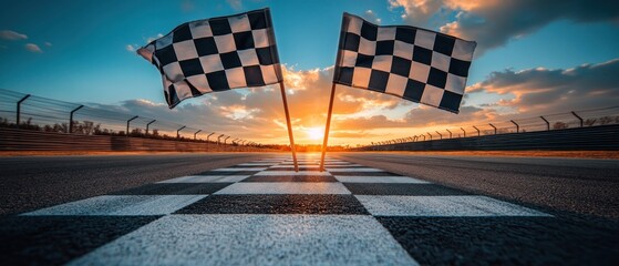 Checkered Flags at Sunset Over a Racetrack Finish Line