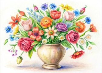 Obraz premium A delicate pencil sketch of a classic vase overflowing with vibrant, colorful flowers on a crisp white background, evoking whimsy and elegant simplicity.