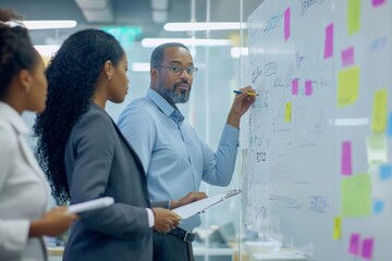 Diverse executives brainstorming new strategies in a sleek office, using whiteboards and documents