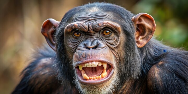 An angry chimp showing teeth and furrowed brows , aggressive, furious, upset, primate, animal, wildlife, aggression, rage, frustration