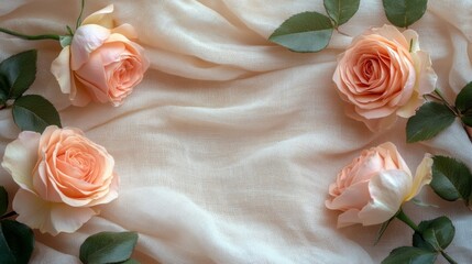 Peach Roses and Green Leaves on Creamy Fabric